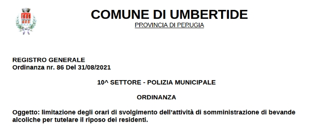 Limitazione  degli orari di svolgimento dell'attività di somministrazione bevande alcoliche in piazza Matteotti e via Gabriotti, firmata l'ordinanza sindacale