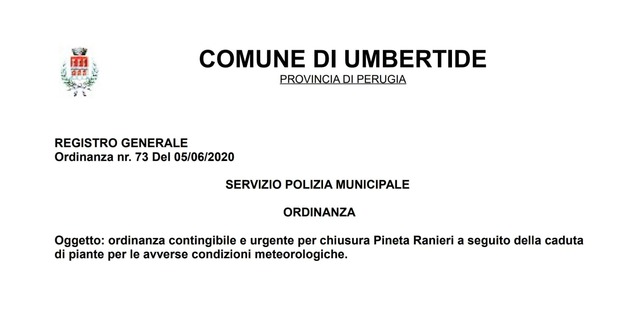 Ordinanza contingibile e urgente per chiusura Pineta Ranieri a seguito della caduta di piante per le avverse condizioni meteorologiche